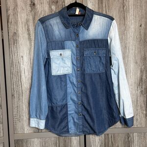 Anthropologie Pilcro Denim Shirt Color Block Long Sleeves Size S